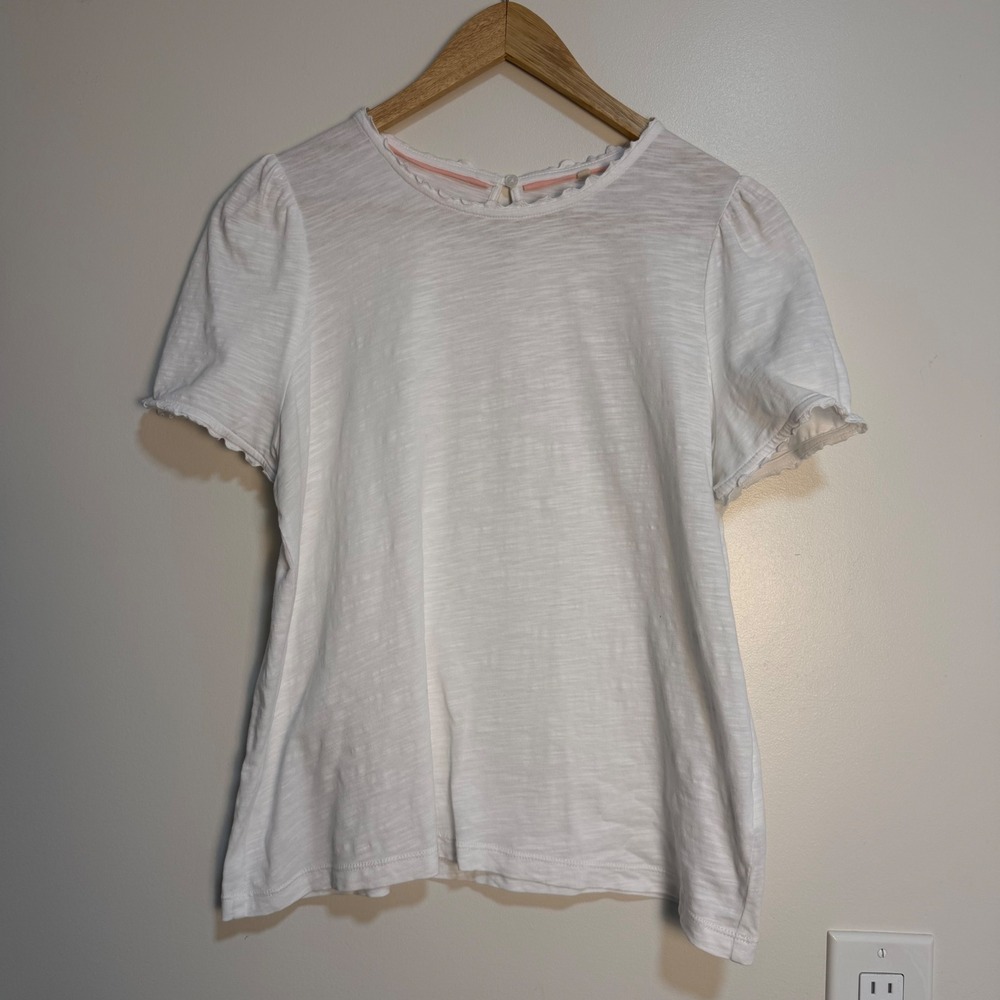 Boden Scalloped Trim Puff Sleeve Slub Cotton Top White Womens Size 10 Minimalist